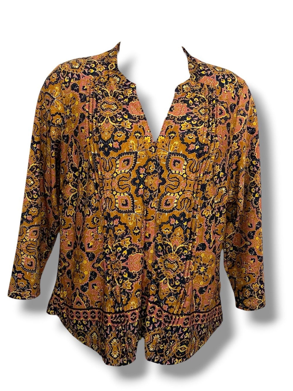 1x Zac And Rachel Mustard Yellow Blouse Stretch Boho Bohemian Print Vneck Plus